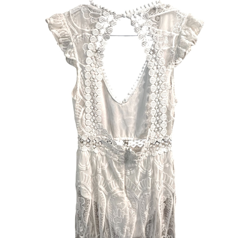 Lace White Maxi Deep V Neck Bodysuit Lace Dress S - Picture 9 of 11